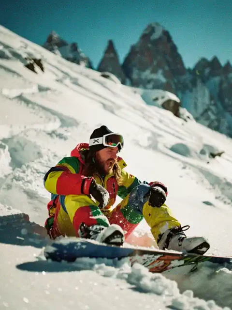 Snowboarder in felgekleurde winterkleding rust uit in poedersneeuw, kijkt omhoog naar steile besneeuwde helling met bergtoppen