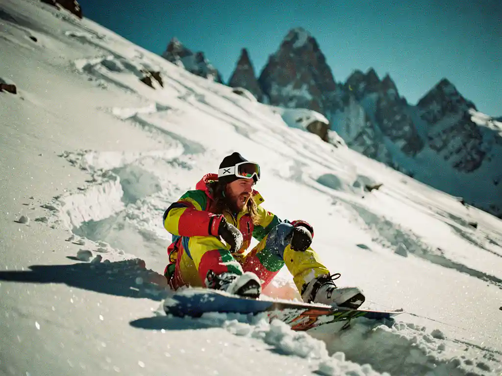 Snowboarder in felgekleurde winterkleding rust uit in poedersneeuw, kijkt omhoog naar steile besneeuwde helling met bergtoppen