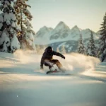 Snowboarder maakt bocht in poedersneeuw tussen besneeuwde dennenbomen tijdens gouden uur in berglandschap