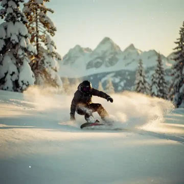 Snowboarder maakt bocht in poedersneeuw tussen besneeuwde dennenbomen tijdens gouden uur in berglandschap