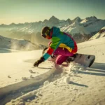 Snowboarder in felgekleurde winterkleding onderzoekt sporen in poedersneeuw met besneeuwde bergen op achtergrond