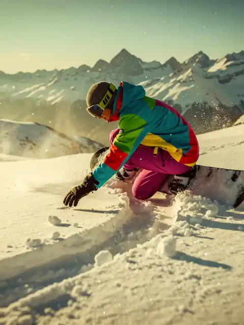 Snowboarder in felgekleurde winterkleding onderzoekt sporen in poedersneeuw met besneeuwde bergen op achtergrond