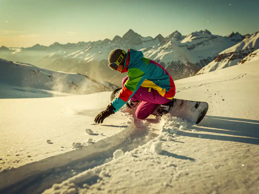 Snowboarder in felgekleurde winterkleding onderzoekt sporen in poedersneeuw met besneeuwde bergen op achtergrond