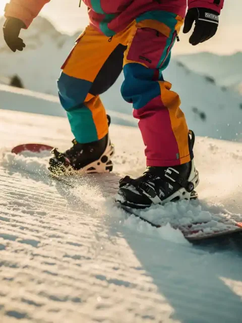 Snowboarder demonstrating proper foot positioning on powder snow during golden hour on mountain slopes