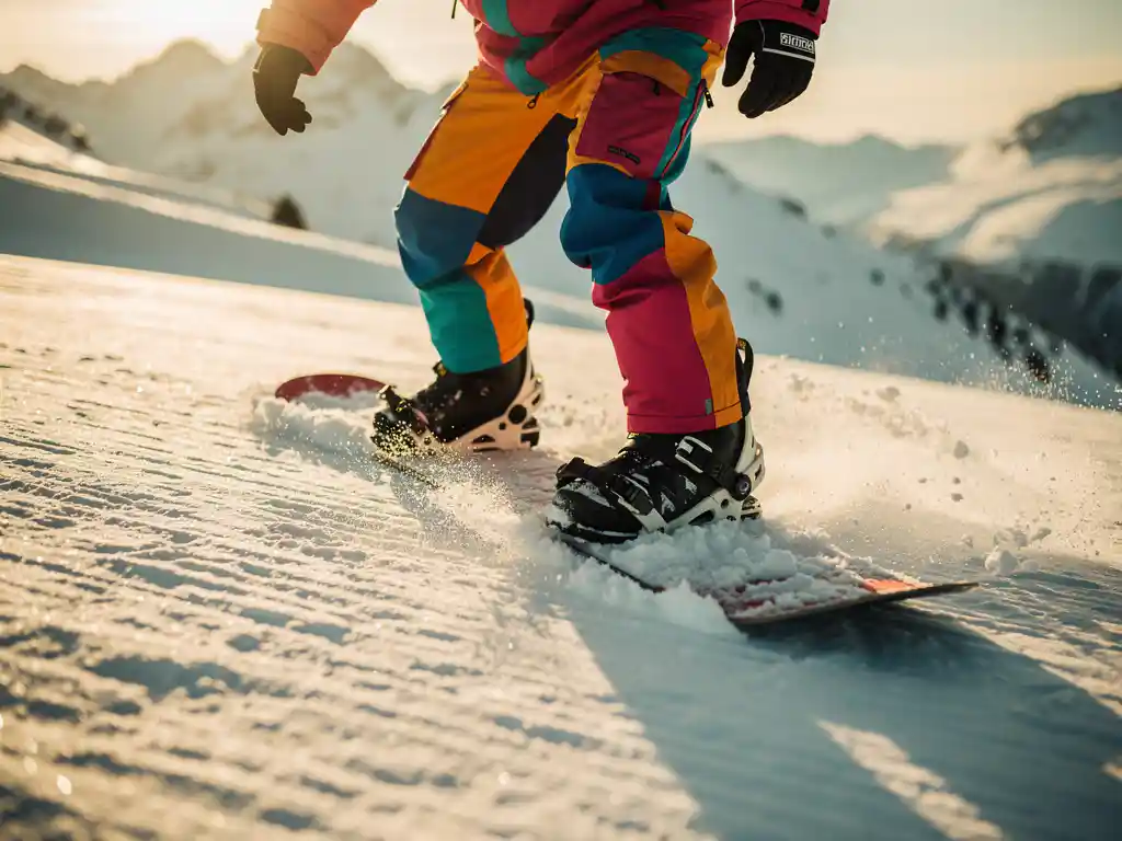 Snowboarder demonstrating proper foot positioning on powder snow during golden hour on mountain slopes