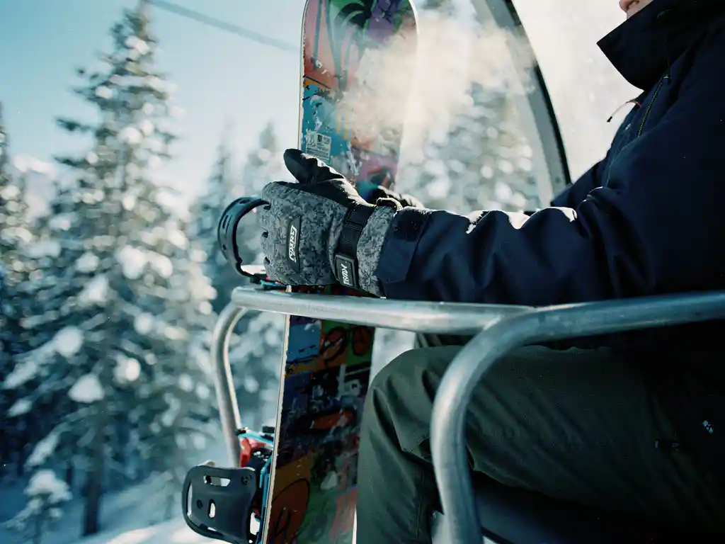 Snowboarder's gloved hands gripping colorful snowboard on ski lift chair with snowy pine trees below