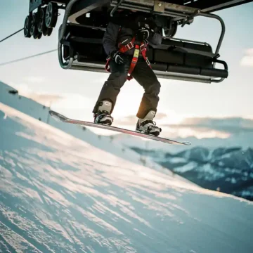 Snowboarder suspended mid-air beneath ski lift chair with safety harness, snow-covered mountain slope below in afternoon light.