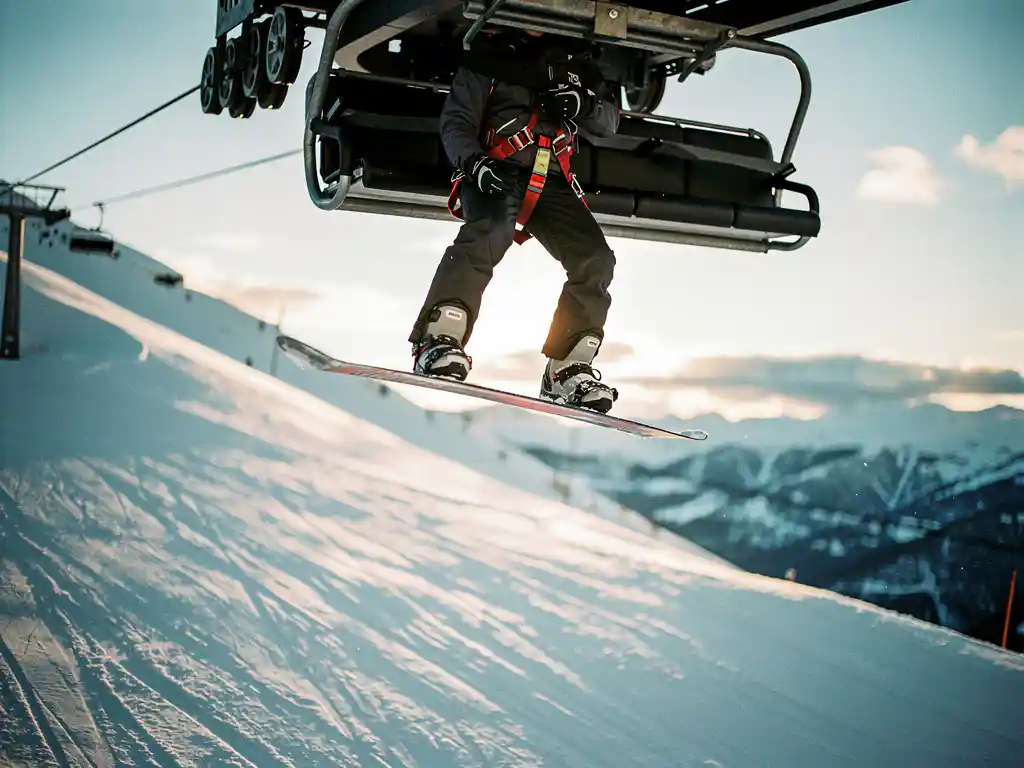 Snowboarder suspended mid-air beneath ski lift chair with safety harness, snow-covered mountain slope below in afternoon light.
