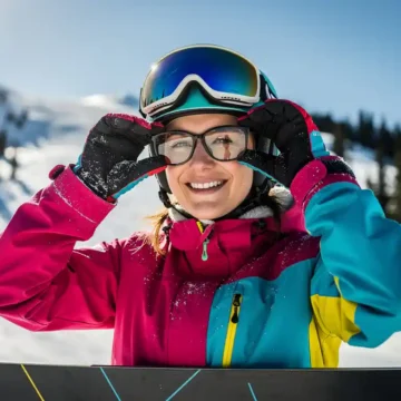 Snowboarder met beschermende bril en glimlach op besneeuwde bergpiste met dennenbomen en alpine zonnestralen