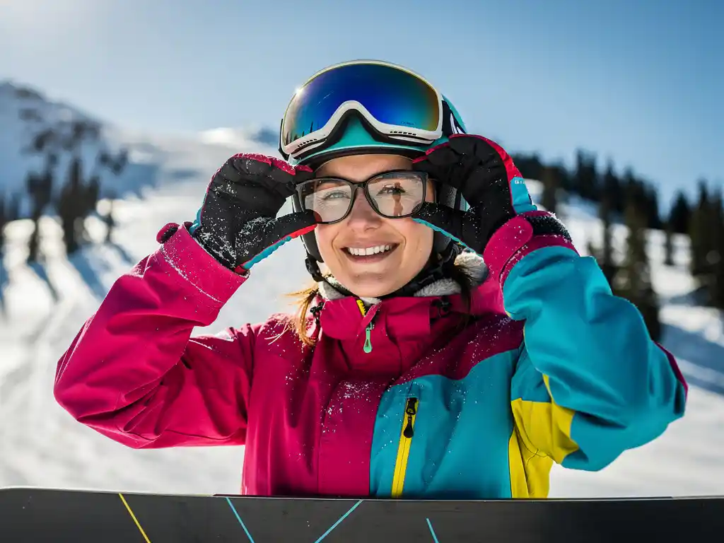 Snowboarder met beschermende bril en glimlach op besneeuwde bergpiste met dennenbomen en alpine zonnestralen