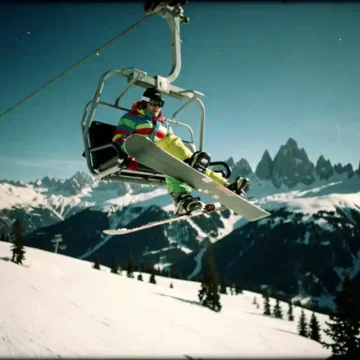 Snowboarder hängt hilflos am Skilift über verschneiter Berglandschaft, ein Fuß teilweise aus der Bindung gerutscht