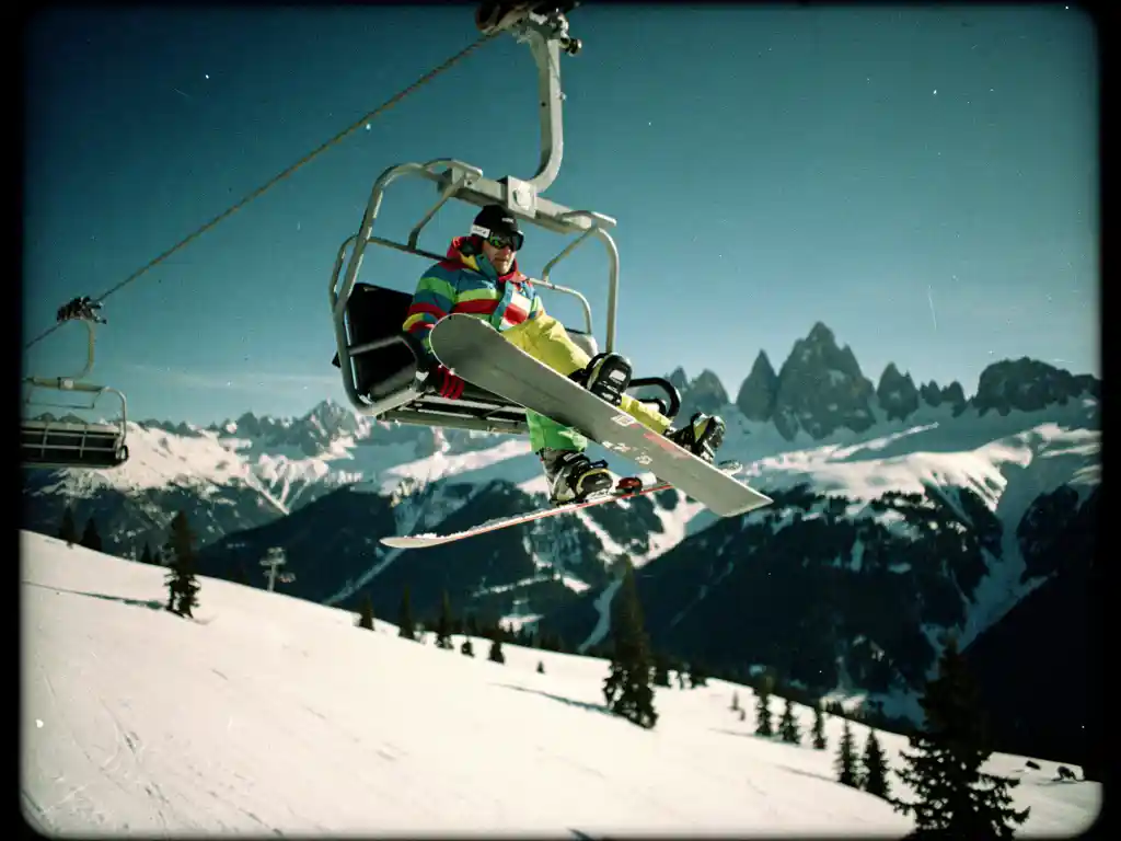 Snowboarder hängt hilflos am Skilift über verschneiter Berglandschaft, ein Fuß teilweise aus der Bindung gerutscht