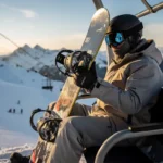 Snowboarder op skilift houdt snowboard verticaal vast, besneeuwde berghellingen op achtergrond