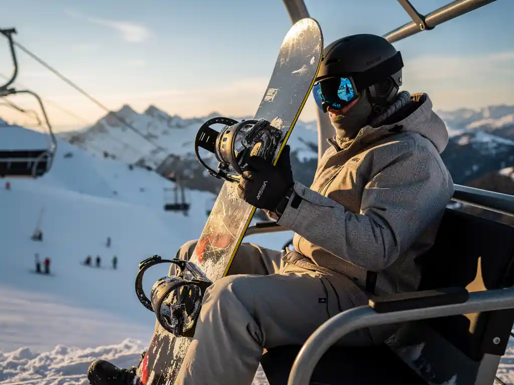 Snowboarder op skilift houdt snowboard verticaal vast, besneeuwde berghellingen op achtergrond