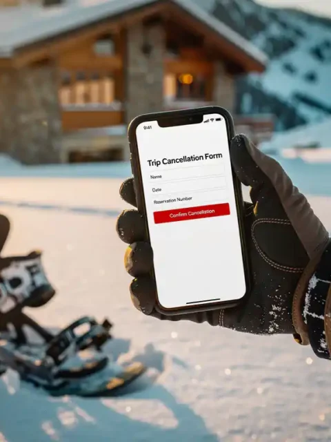 Snowboarder houdt smartphone met annuleringsformulier vast op besneeuwde piste bij berghut tijdens gouden uur