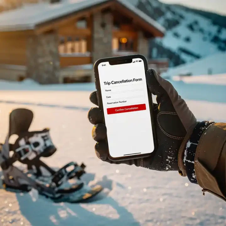 Snowboarder houdt smartphone met annuleringsformulier vast op besneeuwde piste bij berghut tijdens gouden uur