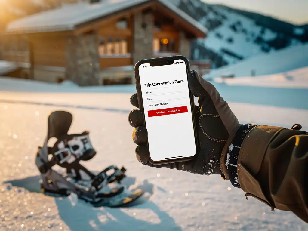 Snowboarder houdt smartphone met annuleringsformulier vast op besneeuwde piste bij berghut tijdens gouden uur