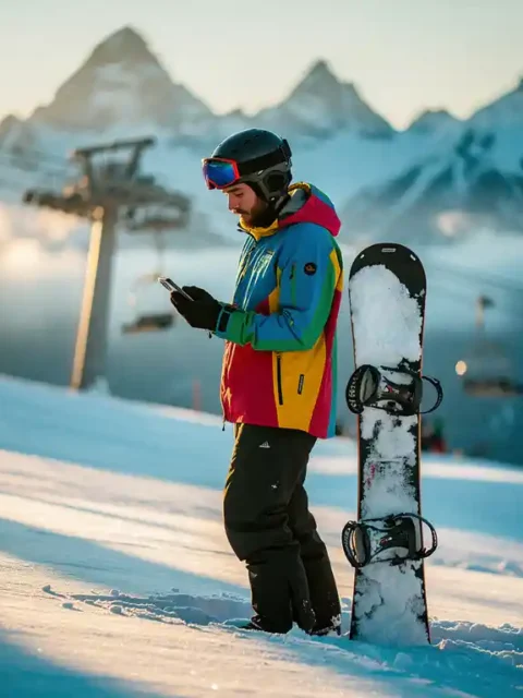 Snowboarder in felle winterkleding controleert smartphone op besneeuwde piste met bergtoppen op achtergrond