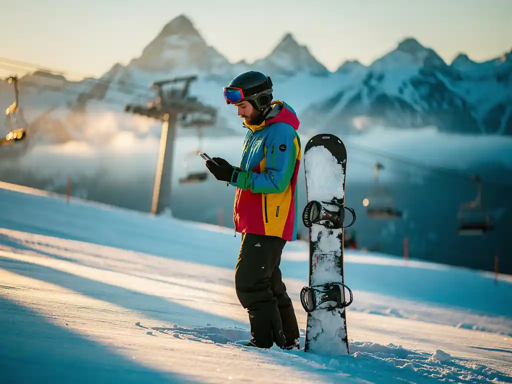 Snowboarder in felle winterkleding controleert smartphone op besneeuwde piste met bergtoppen op achtergrond