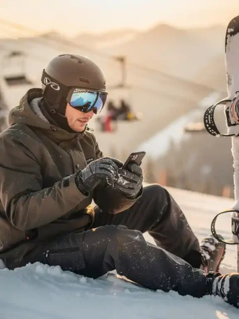 Snowboarder controleert smartphone zittend in poedersneeuw met skilift op achtergrond in gouden middaglicht