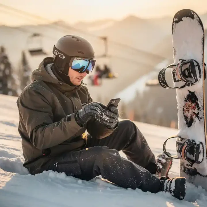 Snowboarder controleert smartphone zittend in poedersneeuw met skilift op achtergrond in gouden middaglicht
