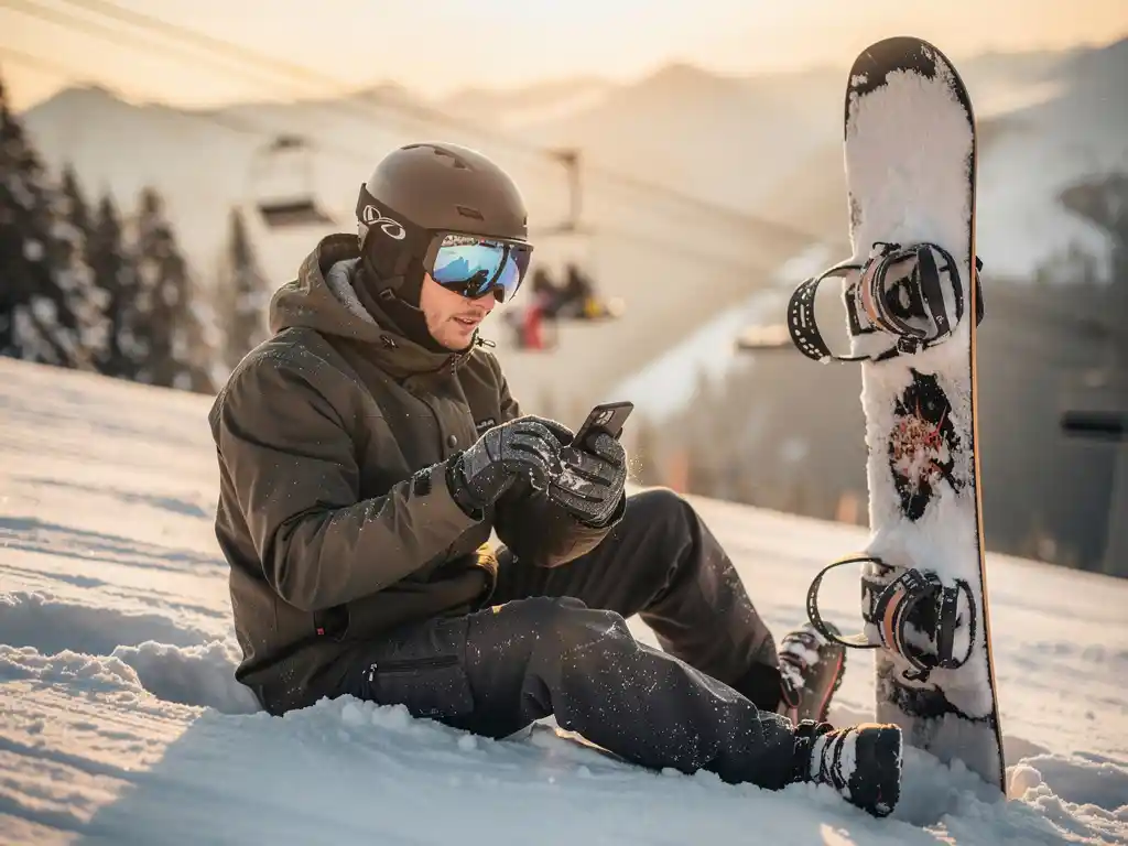Snowboarder controleert smartphone zittend in poedersneeuw met skilift op achtergrond in gouden middaglicht