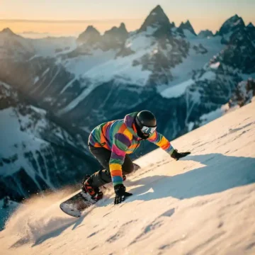 Snowboarder in bright gear crouched at edge of steep snowy mountain slope, gripping snow for balance in golden hour light.