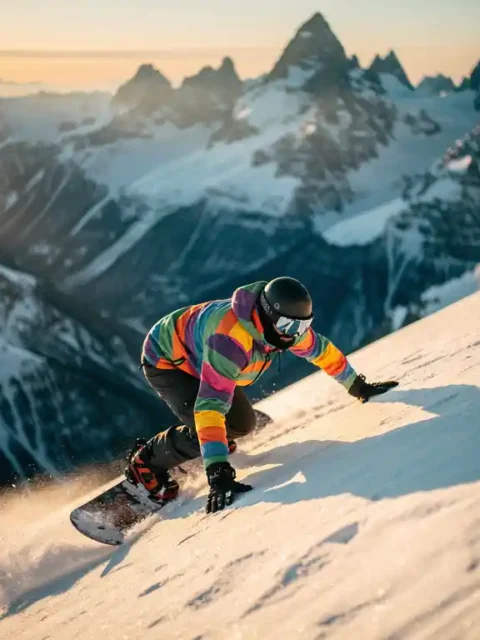 Snowboarder in bright gear crouched at edge of steep snowy mountain slope, gripping snow for balance in golden hour light.