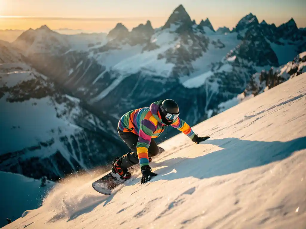 Snowboarder in bright gear crouched at edge of steep snowy mountain slope, gripping snow for balance in golden hour light.