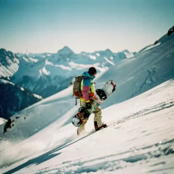Snowboarder in felgekleurde winterkleding staat aan rand van steile besneeuwde helling, kijkt naar beneden met vastberaden blik