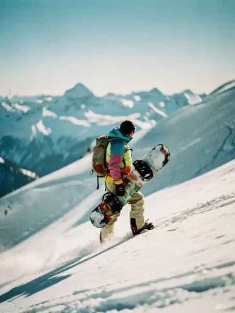 Snowboarder in felgekleurde winterkleding staat aan rand van steile besneeuwde helling, kijkt naar beneden met vastberaden blik