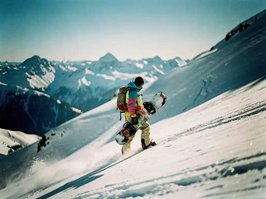 Snowboarder in felgekleurde winterkleding staat aan rand van steile besneeuwde helling, kijkt naar beneden met vastberaden blik
