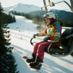 Beginnende snowboarder in felle winterkleding op stoeltjeslift boven besneeuwde bergpiste met skiërs en dennenbomen