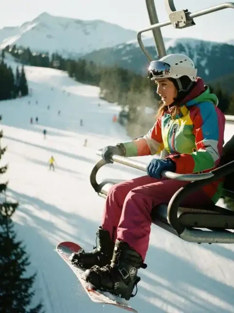 Beginnende snowboarder in felle winterkleding op stoeltjeslift boven besneeuwde bergpiste met skiërs en dennenbomen
