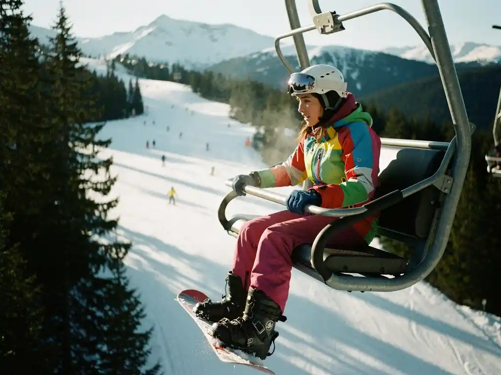 Beginnende snowboarder in felle winterkleding op stoeltjeslift boven besneeuwde bergpiste met skiërs en dennenbomen