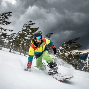 Snowboarder in felgekleurde winterkleding kijkt naar donkere stormwolken op besneeuwde bergpiste met buigende dennenbomen
