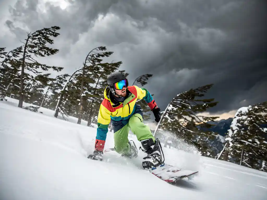 Snowboarder in felgekleurde winterkleding kijkt naar donkere stormwolken op besneeuwde bergpiste met buigende dennenbomen