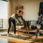 Atleet doet dynamische rekoefeningen in woonkamer, reikt naar snowboardlaarzen op houten tafel, warme zonnestralen