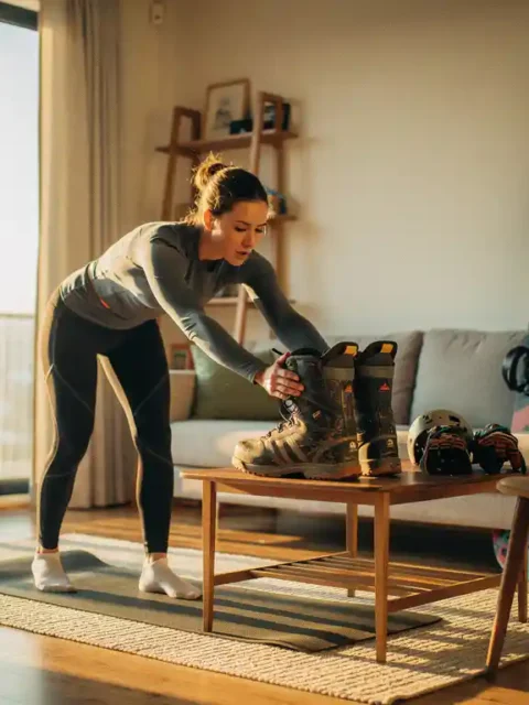 Atleet doet dynamische rekoefeningen in woonkamer, reikt naar snowboardlaarzen op houten tafel, warme zonnestralen