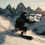 Snowboarder daalt af op besneeuwde helling terwijl hij tablet vasthoudt met slow-motion techniekbeelden, bergtoppen op achtergrond