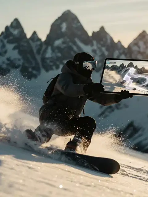 Snowboarder daalt af op besneeuwde helling terwijl hij tablet vasthoudt met slow-motion techniekbeelden, bergtoppen op achtergrond