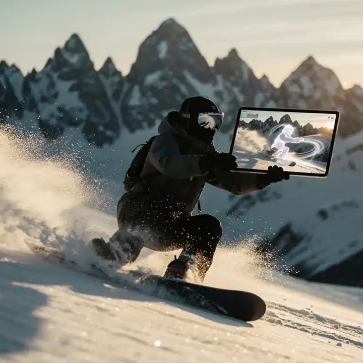 Snowboarder daalt af op besneeuwde helling terwijl hij tablet vasthoudt met slow-motion techniekbeelden, bergtoppen op achtergrond