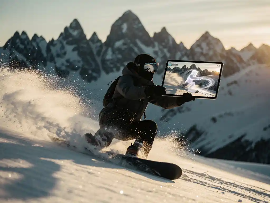 Snowboarder daalt af op besneeuwde helling terwijl hij tablet vasthoudt met slow-motion techniekbeelden, bergtoppen op achtergrond