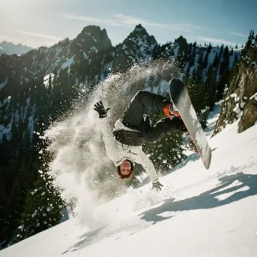 Snowboarder valt dramatisch in poedersneeuw op steile berghelling, snowboard los in de lucht, dennenbomen op achtergrond