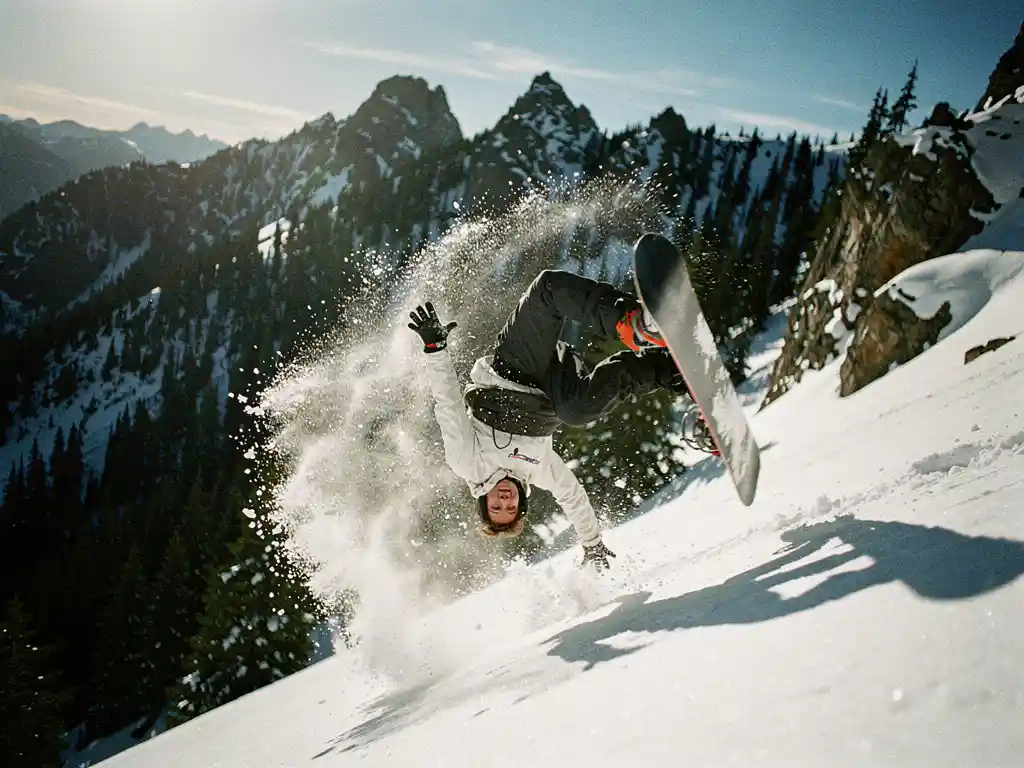 Snowboarder valt dramatisch in poedersneeuw op steile berghelling, snowboard los in de lucht, dennenbomen op achtergrond