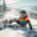 Snowboarder in felgekleurde winterkleding zit in poedersneeuw na val, met besneeuwde dennenbomen op achtergrond