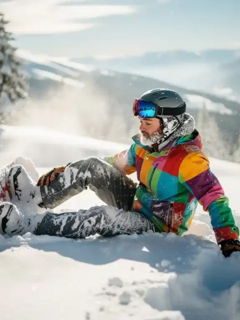 Snowboarder in felgekleurde winterkleding zit in poedersneeuw na val, met besneeuwde dennenbomen op achtergrond