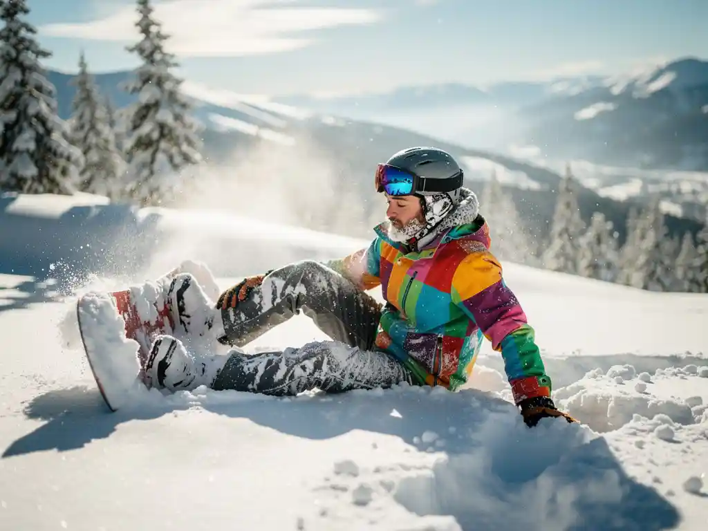 Snowboarder in felgekleurde winterkleding zit in poedersneeuw na val, met besneeuwde dennenbomen op achtergrond