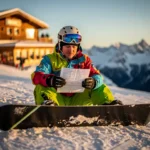 Snowboarder in bunter Winterkleidung liest Versicherungsdokument auf verschneitem Berghang mit Skihütte im Hintergrund