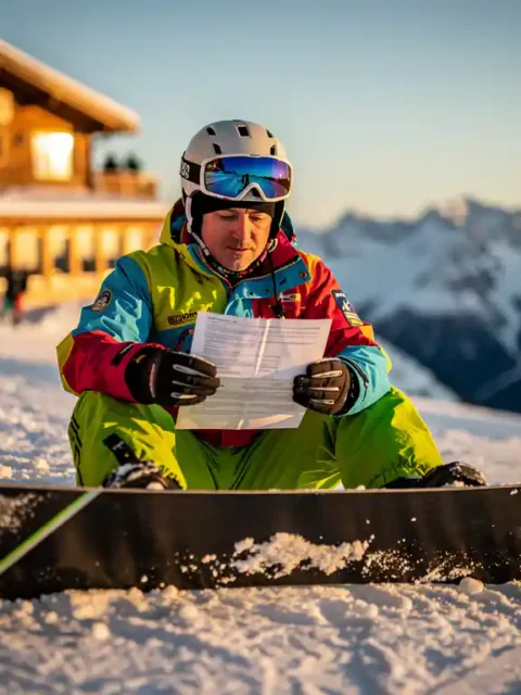 Snowboarder in bunter Winterkleidung liest Versicherungsdokument auf verschneitem Berghang mit Skihütte im Hintergrund